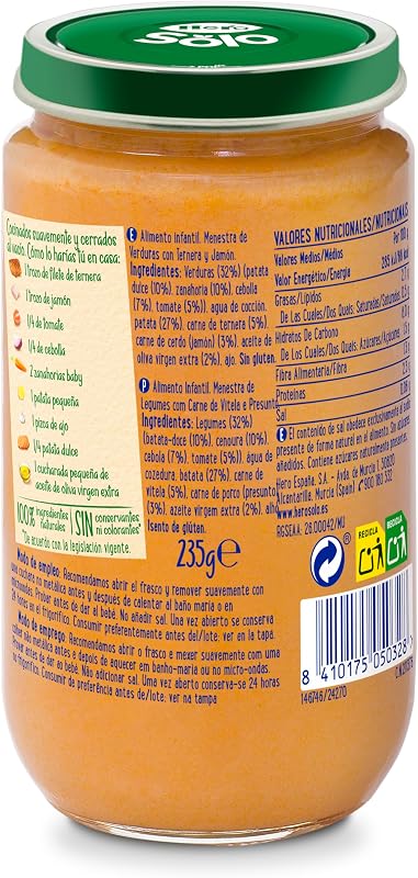 Hero baby caixa mista frascos de carne e peixe, legumes com pescada, bechamel com linguado e ensopado com carne e presunto, sem azeite de palma, 100% natural, a partir dos 6 meses, embalagem de 18x235 gr