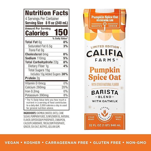 CALIFIA FARMS – PUMPKIN SPICE OAT BARISTA BLEND OAT MILK, 32 OZ, SHELF STABLE, DAIRY FREE, PLANT BASED, VEGAN, GLUTEN FREE, NON GMO, HIGH CALCIUM, MILK FROTHER, CREAMER, OATMILK