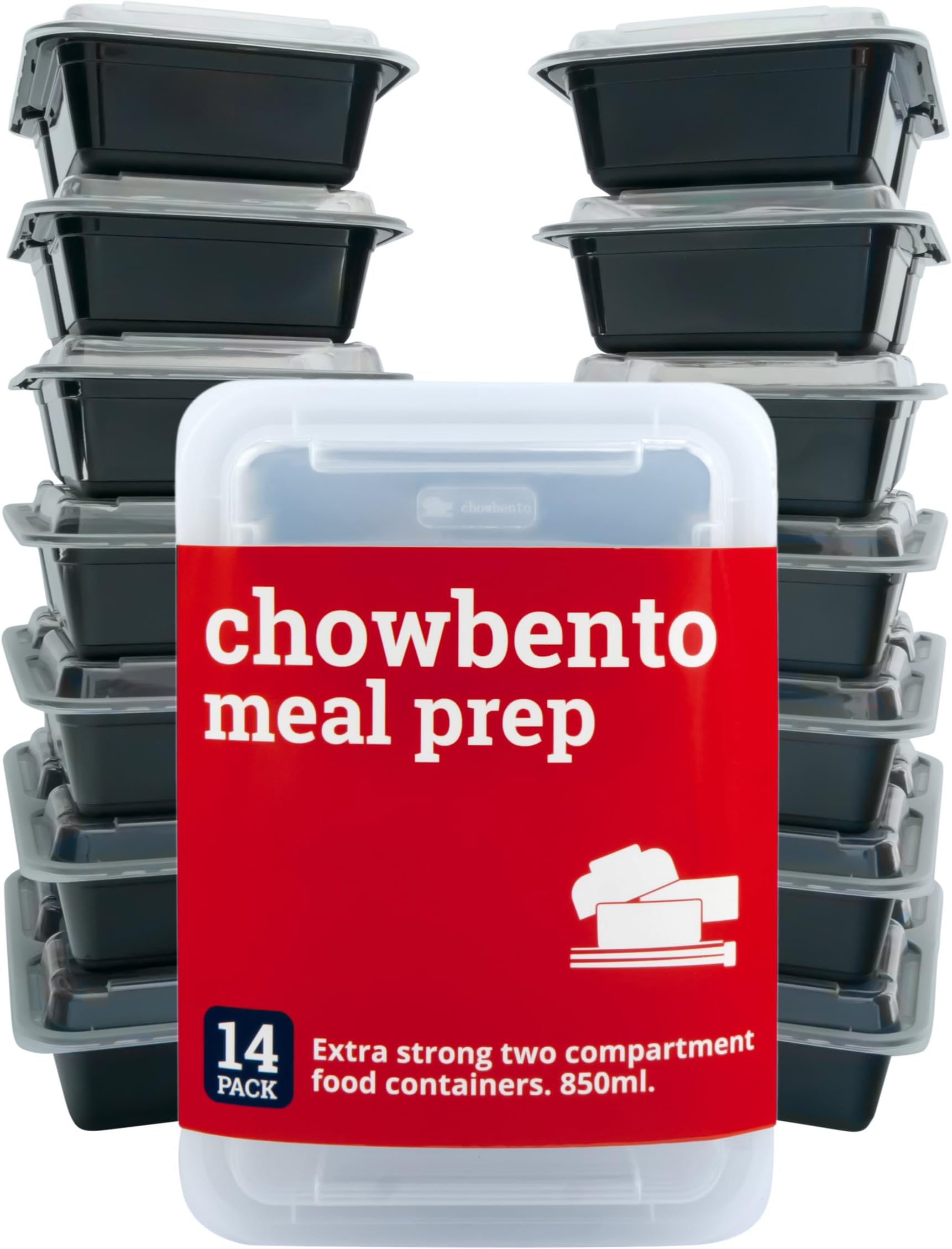 [14 Pack] Meal Prep Containers - 2 Compartment Extra Strong Reusable Food Containers with Lids - Premium Quality BPA Free Material - Microwave, Dishwasher and Freezer Safe. Includes Free Recipe eBook