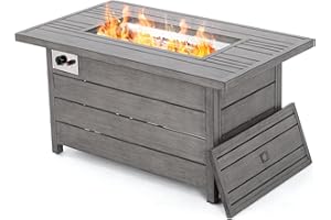 Propane Fire Pit Table, HAPPATIO 48inch 50000 BTU Gas Fire Pit with Aluminum Slats Table Top, Lid, Black Glass Rock, Aluminum Fire Table,CSA Safety Certified for Outside Patio(Gray)