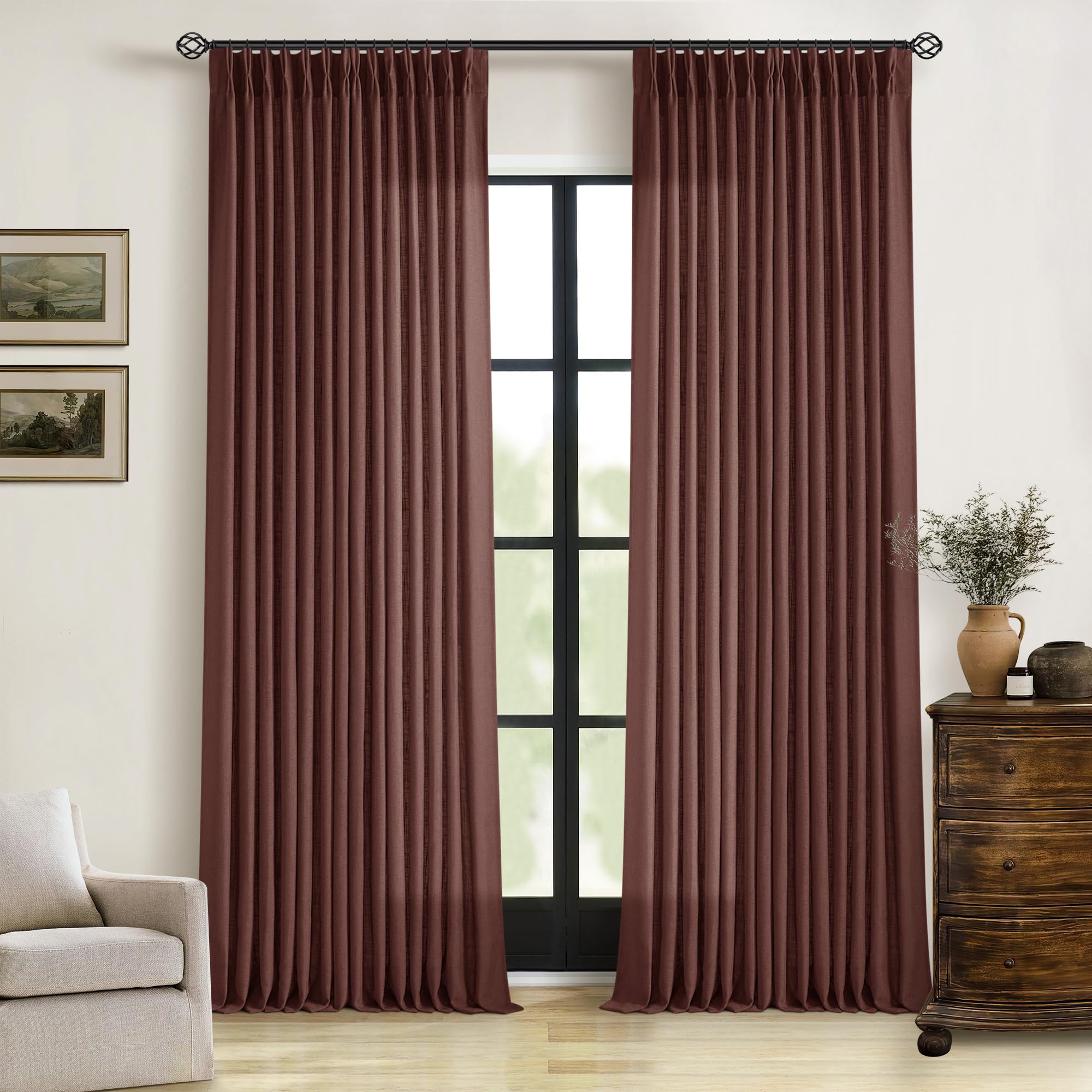 Reddish Brown Linen Pinch Pleated Curtains 96 Inches Long for Living Room Pleated Drapes Back Tab Thick Linen Textured Boho Farmhouse Country Maroon Rust Brown 96 Inch Curtain for Dining Bedroom Image