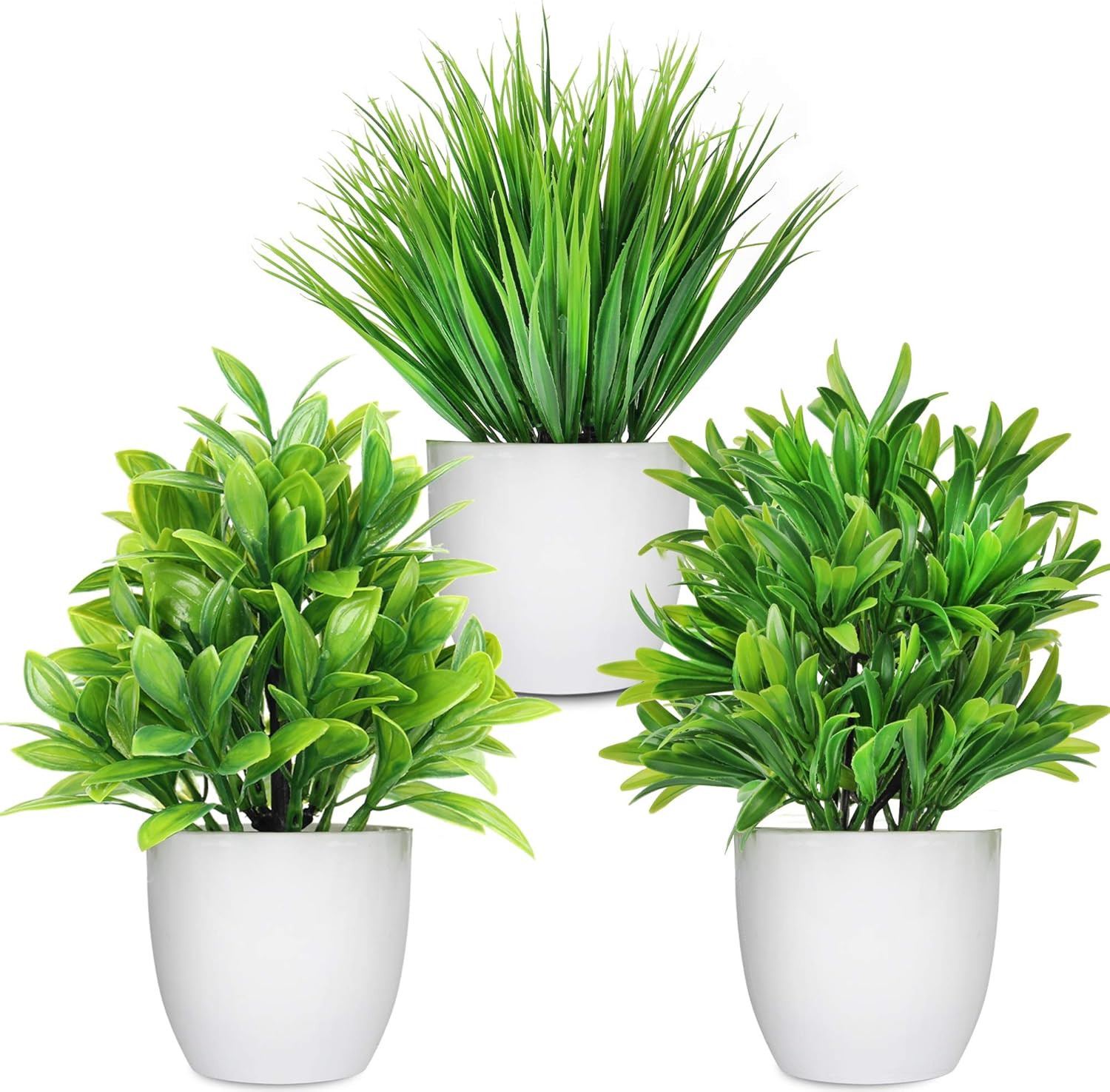 LELEE Artificial Plants Mini Fake Potted Plants, 3 Pack Small Eucalyptus Potted Faux Decorative Grass Plant with White Pot for Home Decor, Indoor, Office, Desk, Table Decoration