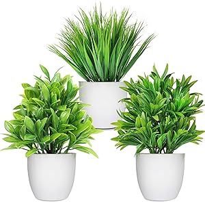 LELEE Artificial Plants Mini Fake Potted Plants, 3 Pack Small Eucalyptus Potted Faux Decorative Grass Plant with White Pot for Home Decor, Indoor, Office, Desk, Table Decoration