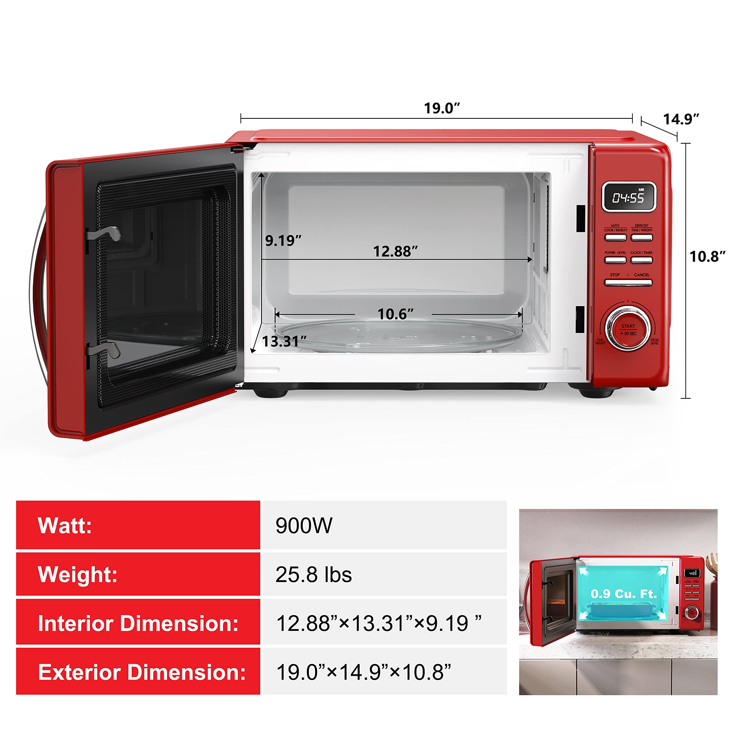 Galanz GLCMKZ09RDR09 Retro Countertop Microwave Oven with Auto Cook & Reheat, Defrost, Quick Start Functions, Easy Clean with Glass Turntable, Pull Handle, 0.9 cu ft, Red