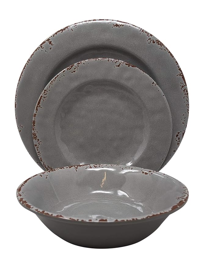 Gianna's Home 12 Piece Rustic Farmhouse Melamine Dinnerware Set, Service for 4 (Gray)