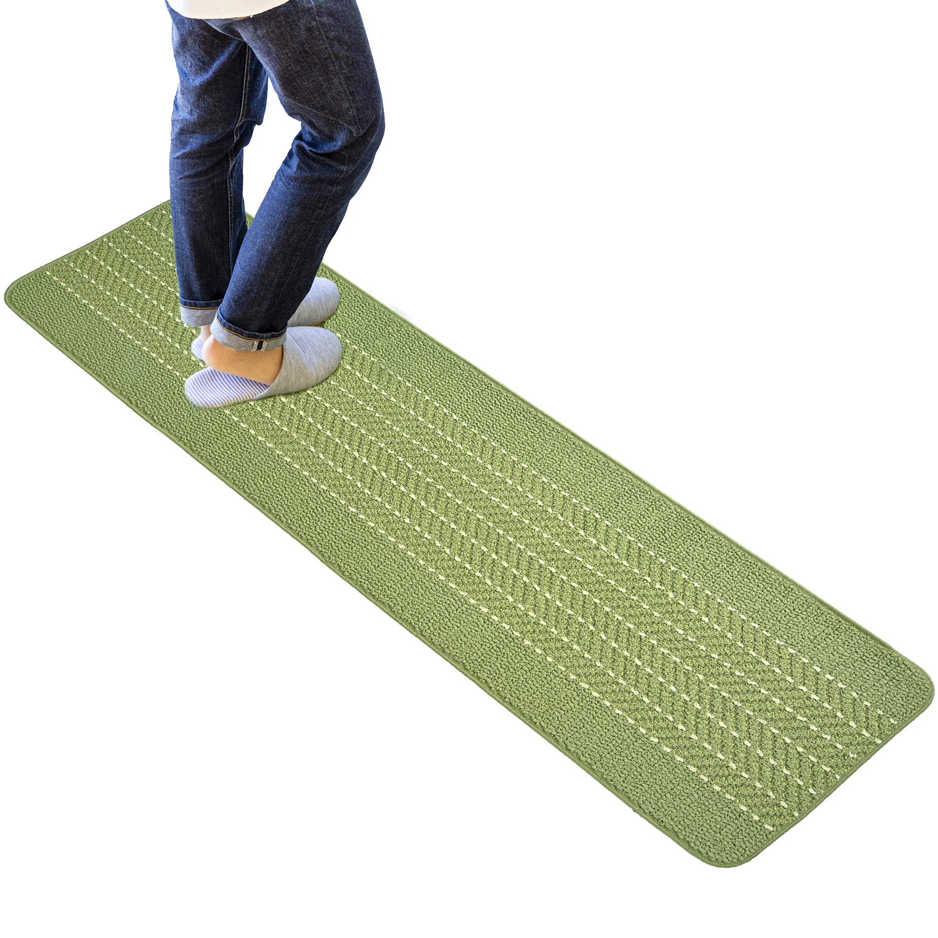 オカ(OKA) 優踏生洗いやすい キッチンマット 約45cm×180cm グリーン(ヘリンボン) (洗える 軽量 滑り止め クッション) の商品画像