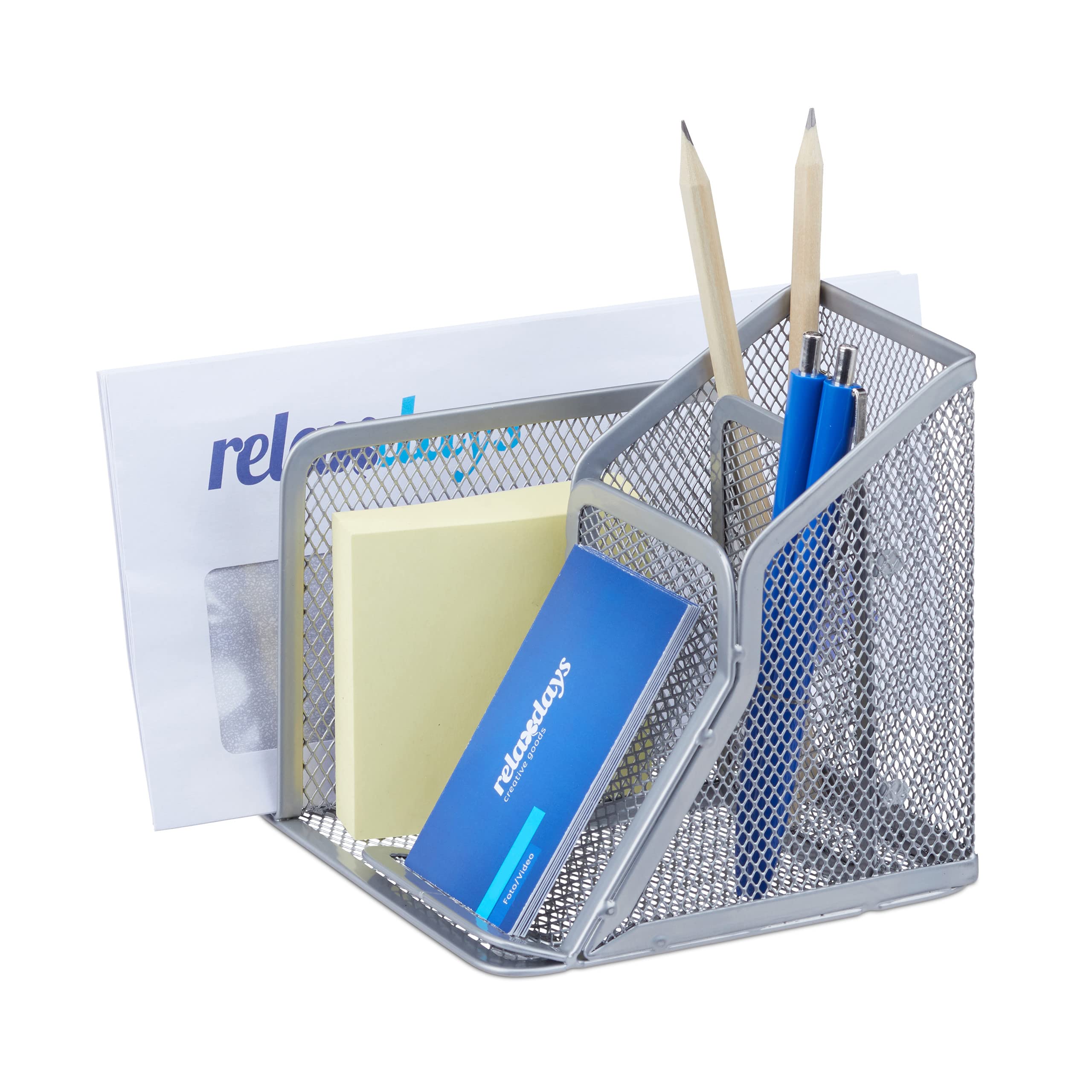 Relaxdays Desk Organiser Mesh Metal Pen Holder with Paper Holder and Folded Stand Height x Width x Depth: 6X38X30 CM Desk Organizer, Metal Mesh, silber, 13 x 15 x 13.5 cm