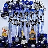 Blue and Black Happy Birthday Decorations for Men,Birthday Decorations with Banner, Fringe Curtains,Foil Balloons, Balloon Kits for 21st,25th 27th 30th 35th 40 50 60th Birthday Decorations
