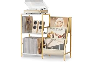 BIKONEY Record Player Stand, Turntable Stand with 3-Tier Vinyl Record Storage, Record Player Table 200 Albums, End Table with Vinyl Display Holder Shelf, Record Player Cabinet Media Console for Stereo,Gold