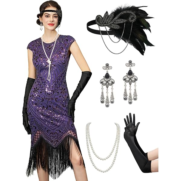 Amazon.com: 1920s Flapper Dress Gatsby Party Dress Vintage Sequin for  Evening Prom w/Accessories : Clothing, Shoes & Jewelry