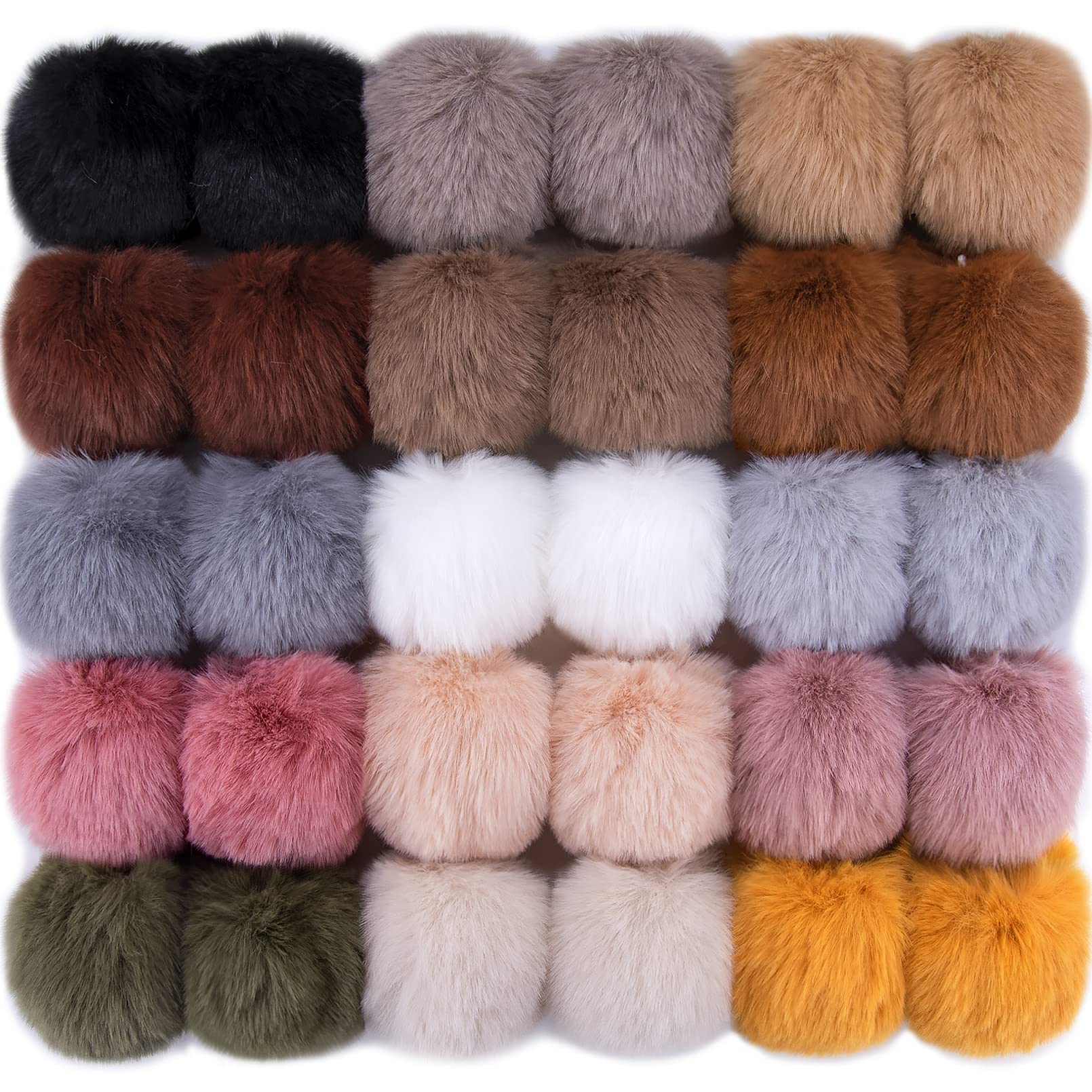 BQTQ 30 Pcs Faux Fur Fluffy Pom Balls with Elastic Loop for Hats, Keychains, Scarves, Gloves, Bags & Accessories (15 Soft Colours, 2 Pcs per Colour)
