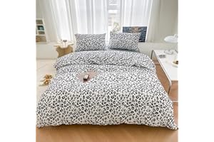 LAYENJOY Leopard Duvet Cover Set Queen 100% Cotton Black Grey Cheetah Print on White Bedding 1 Safari Comforter Cover Full with Zipper Ties 2 Pillowcases for Kids Teens Boys Girls Women