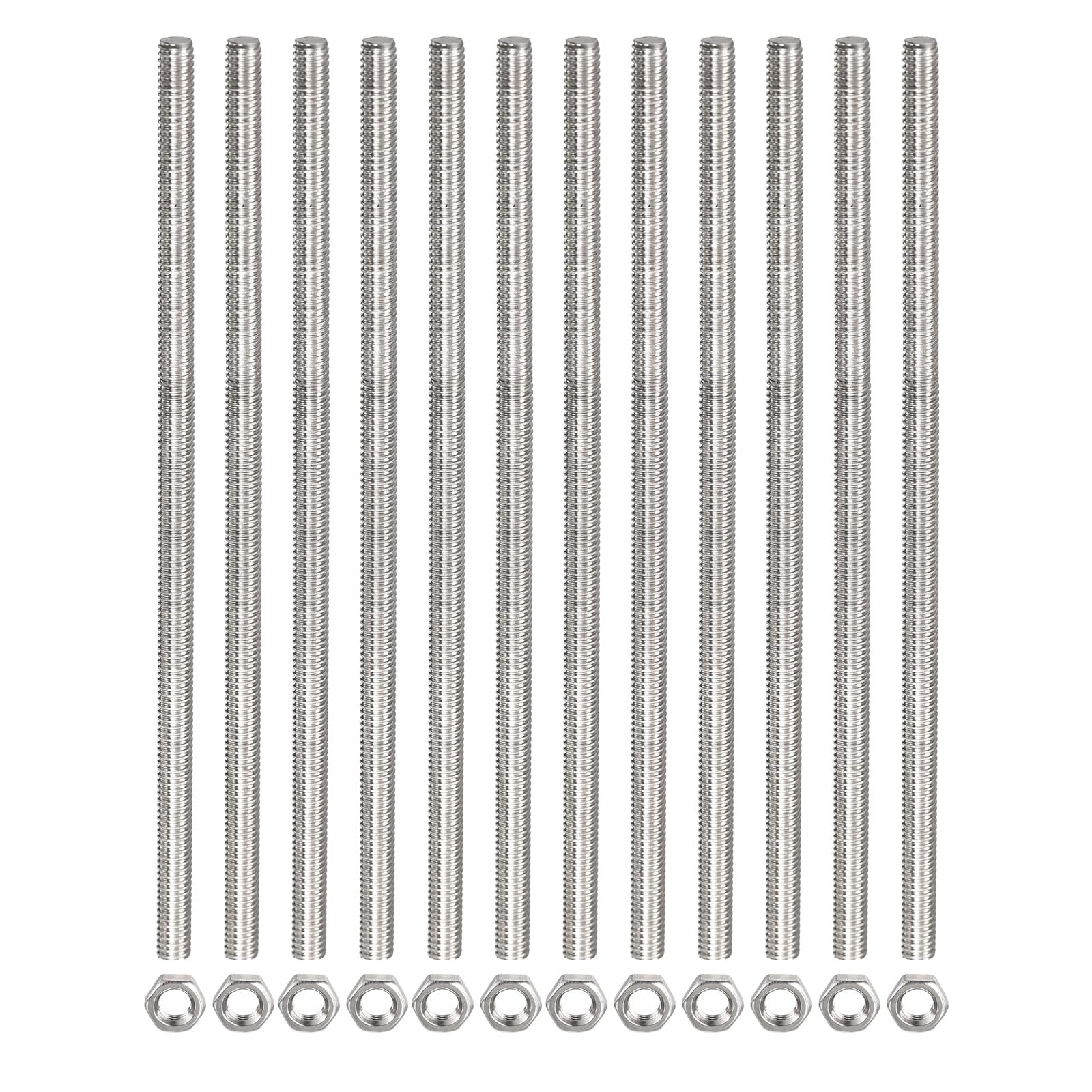 Rebower Fully Threaded Rod (with 12 Pcs Hex Nuts),Stainless Steel Fully Threads Studs[for Assembly Fastening] - M4 x 200mm,0.7mm Pitch/ Silver/ 12 Pcs