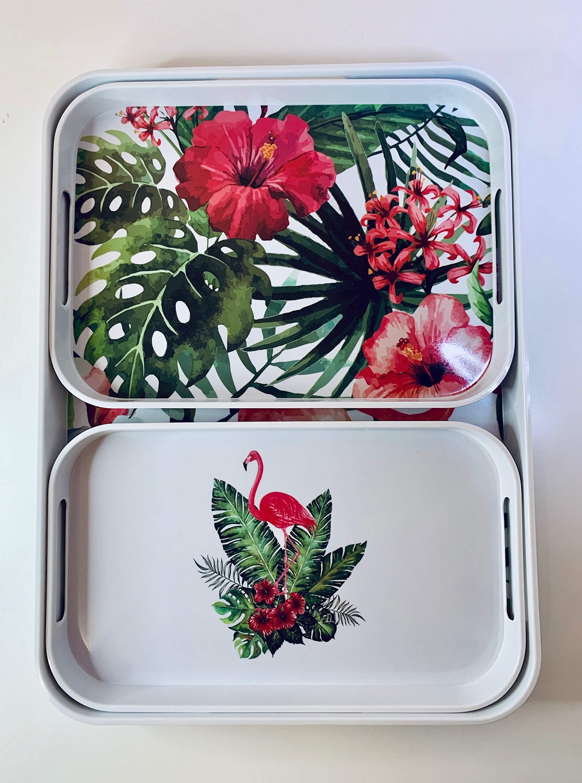 Decorative Melamine Serving Trays with Handles - Flamingo- Set of 3-33x44, 23x31,19x31 centimetres, Dainty, Solid, Stackable and Easy to Clean, Perfect for Serving Drinks - by Stoptray