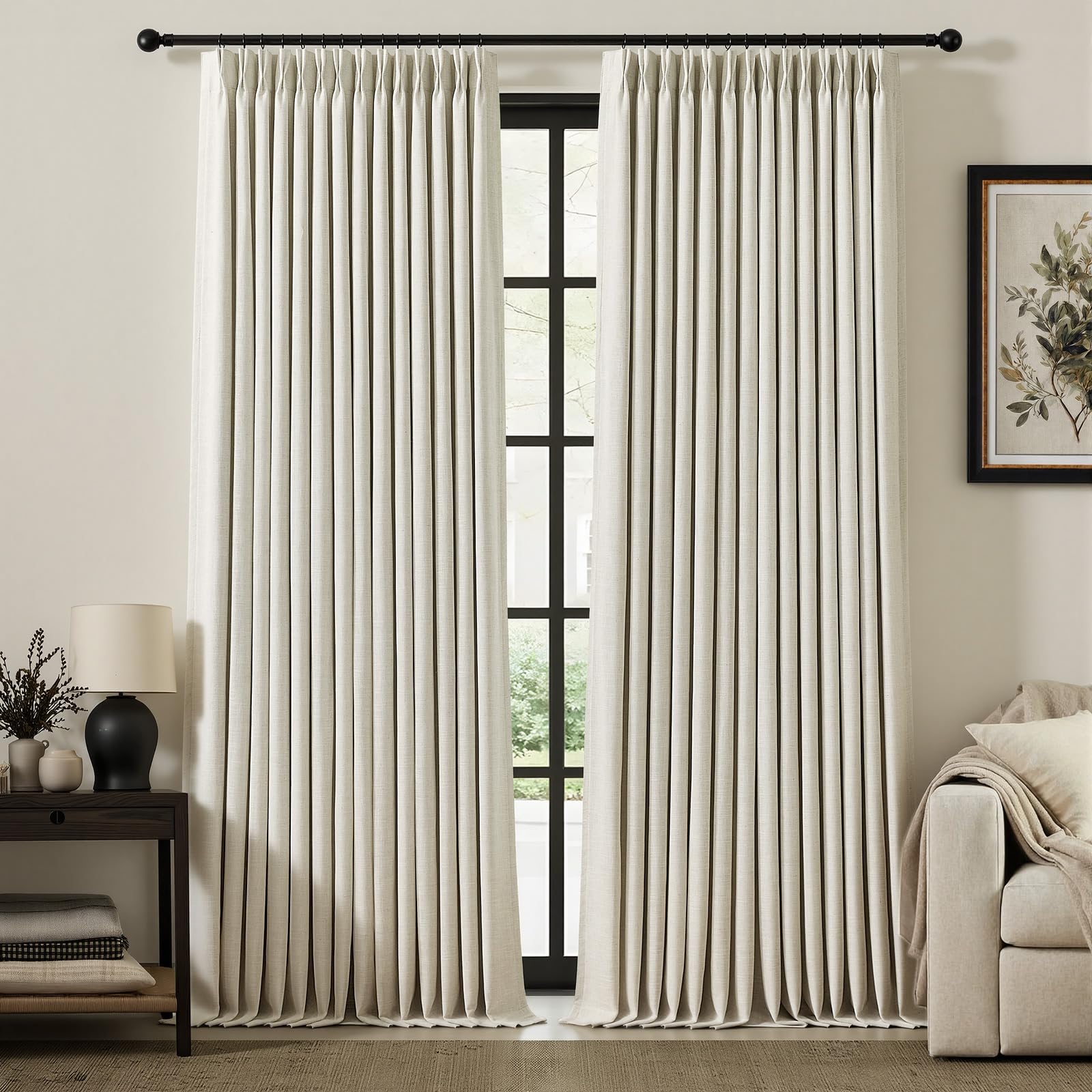 Photo 1 of IVAPUPU Linen Pinch Pleated Blackout Curtains for Bedroom - 100% Black Out Natural Curtains 102 Inch Long 2 Panel for Living Room Darkening Thermal Insulated Thick Window Drapes with 16pc Hooks
