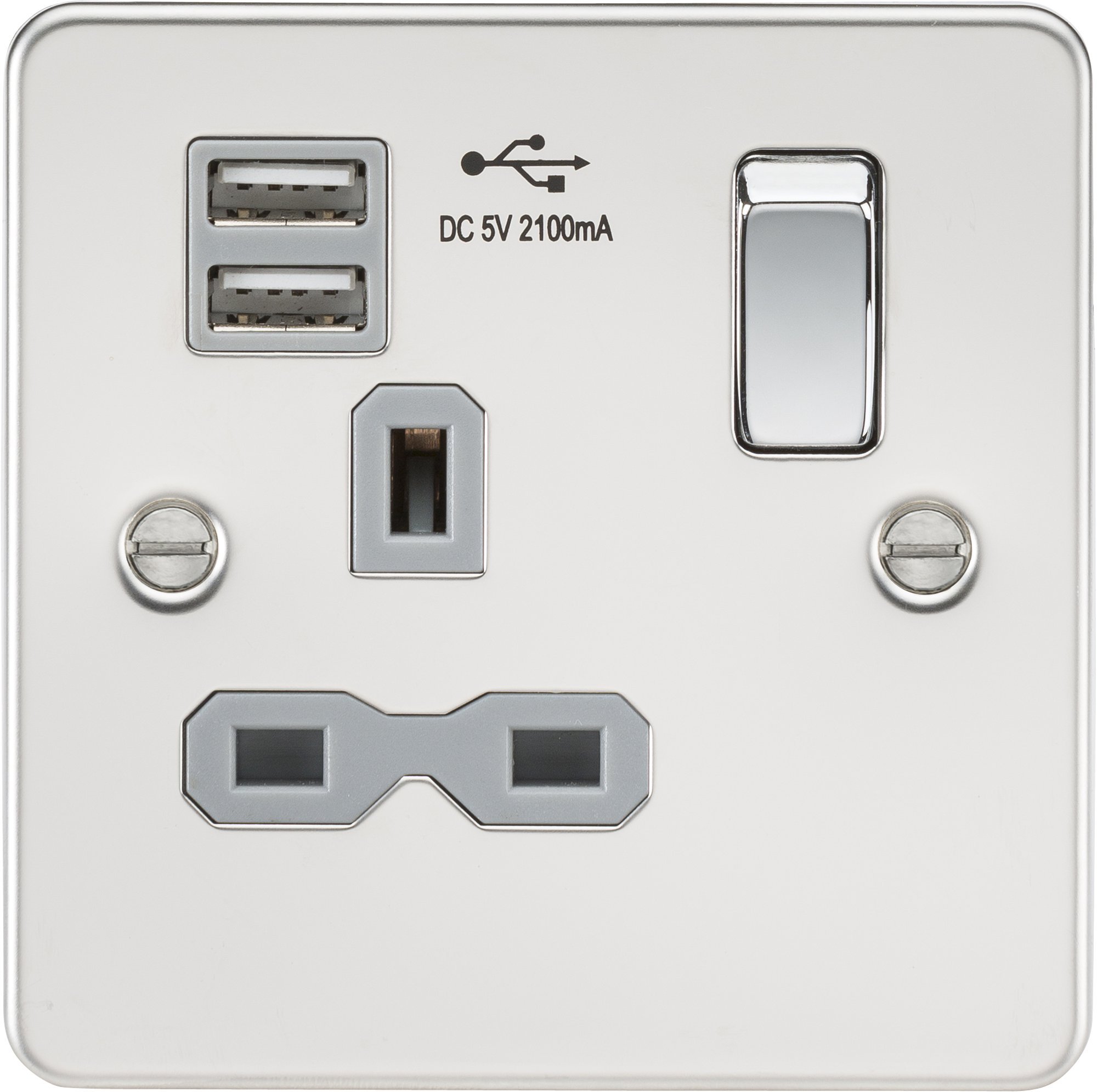 Flat Plate 13A 1G Switched Socket with Dual USB Charger (2.1A) - Polished Chrome with Grey Insert