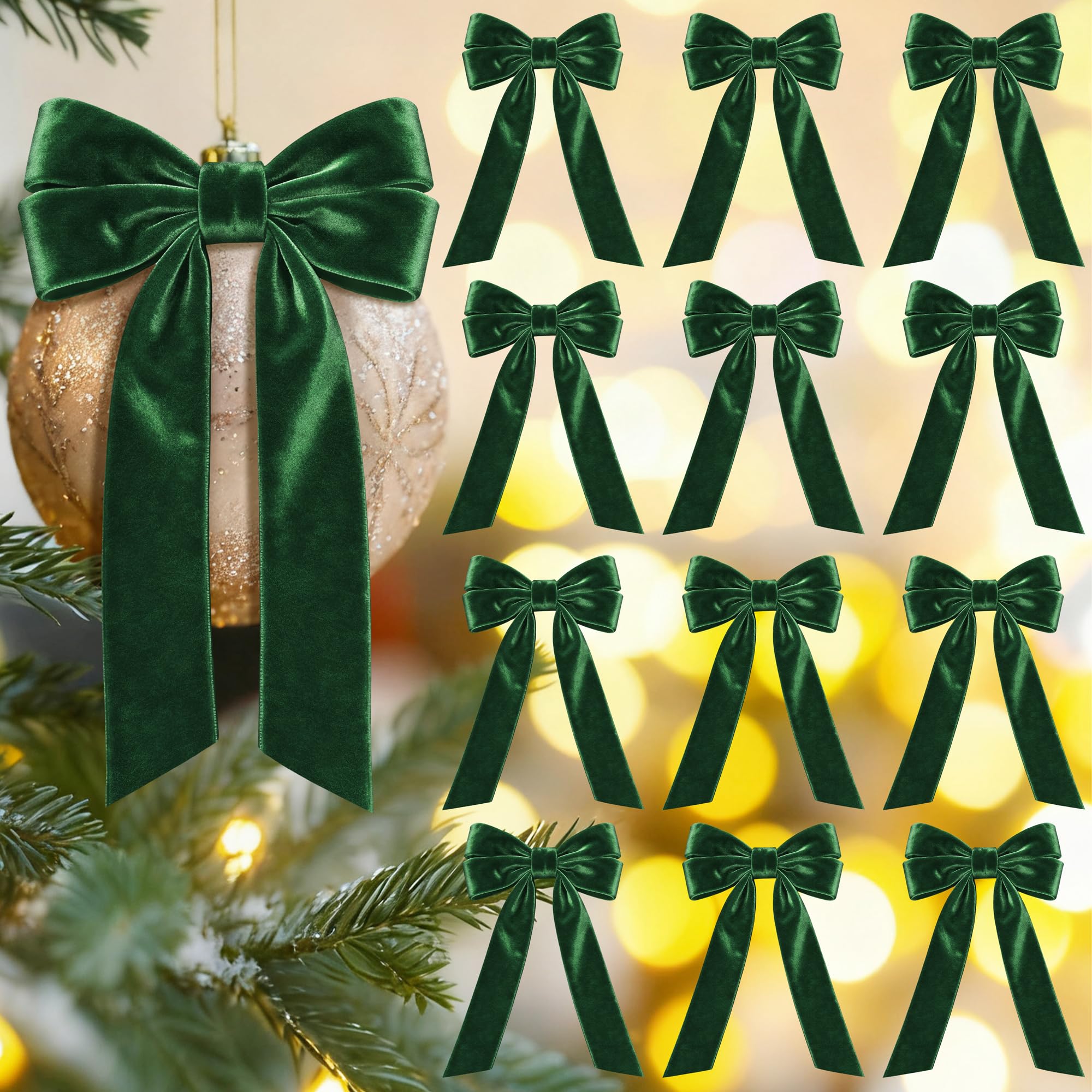 Photo 1 of Aneco 12 Pcs Velvet Bows Christmas Ribbon Bow Tree Ornaments Vintage Xmas Bows for DIY Crafts Gift Wrapping Hair Garland Wreath Floral Holiday Door Decorations (9 x 13 Inch, Dark Green)