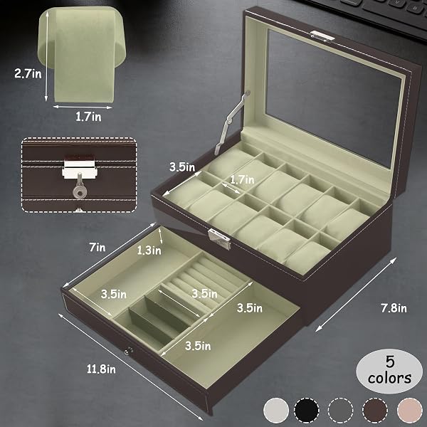 OGRMAR 12 SLOT PU LEATHER LOCKABLE WATCH STORAGE BOXES, MEN & WOMEN JEWELRY DISPLAY DRAWER CASE, 2-TIER ORGANIZER WATCH SHOWCASE WITH GLASS LID (BROWN)