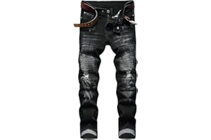 AITITIA Men's Biker Zipper Deco Washed Straight Fit Jeans