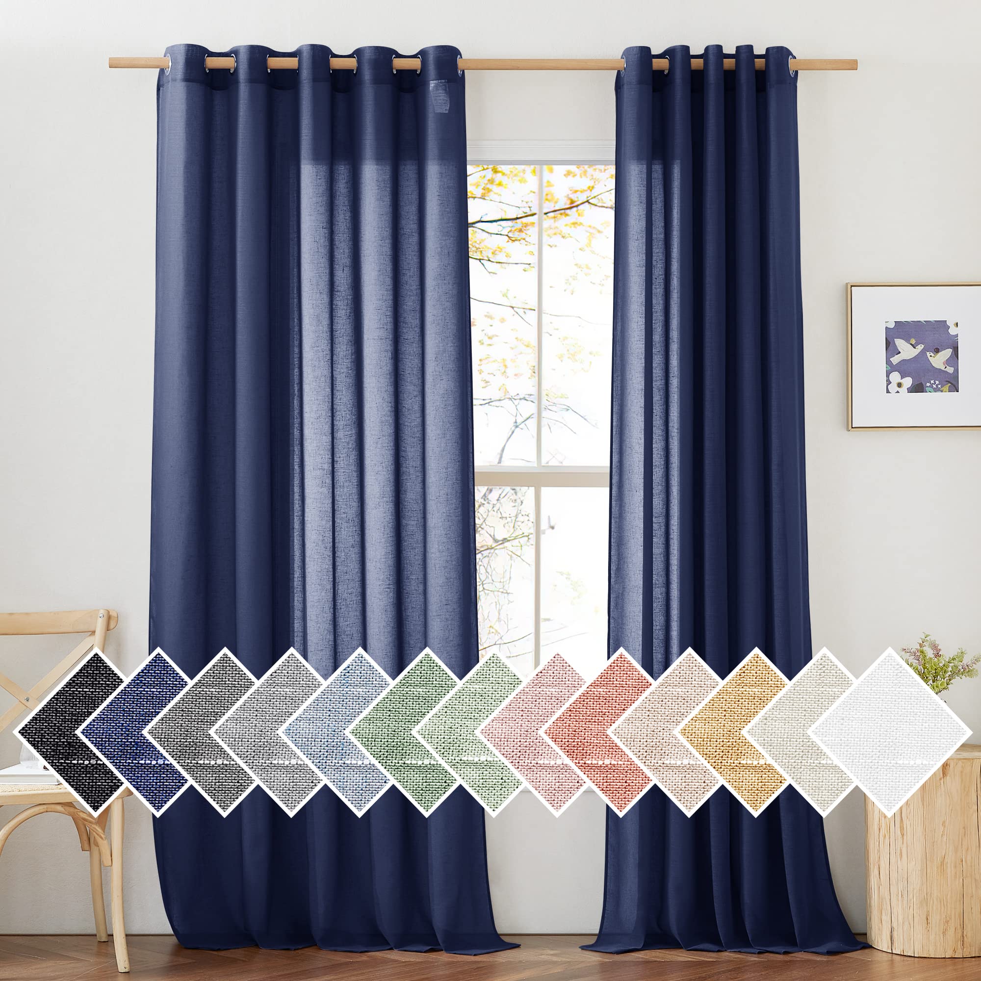 NICETOWN Linen Textured Sheer Curtains 96 inch Long for Living Room, Privacy Chic Sheer Curtains Window Treatment Translucent Drapes for Farmhouse/Cottage, W70 x L96, Dark Blue, 1 Pair Image