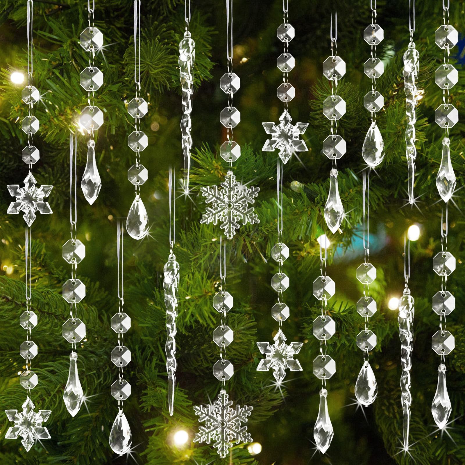 Photo 1 of 18pcs Christmas Tree Decoration Crystal Ornaments - Hanging Acrylic Christmas Snowflake Icicle Drop Crystal Ornaments for Xmas Tree Winter New Year Party Supplies