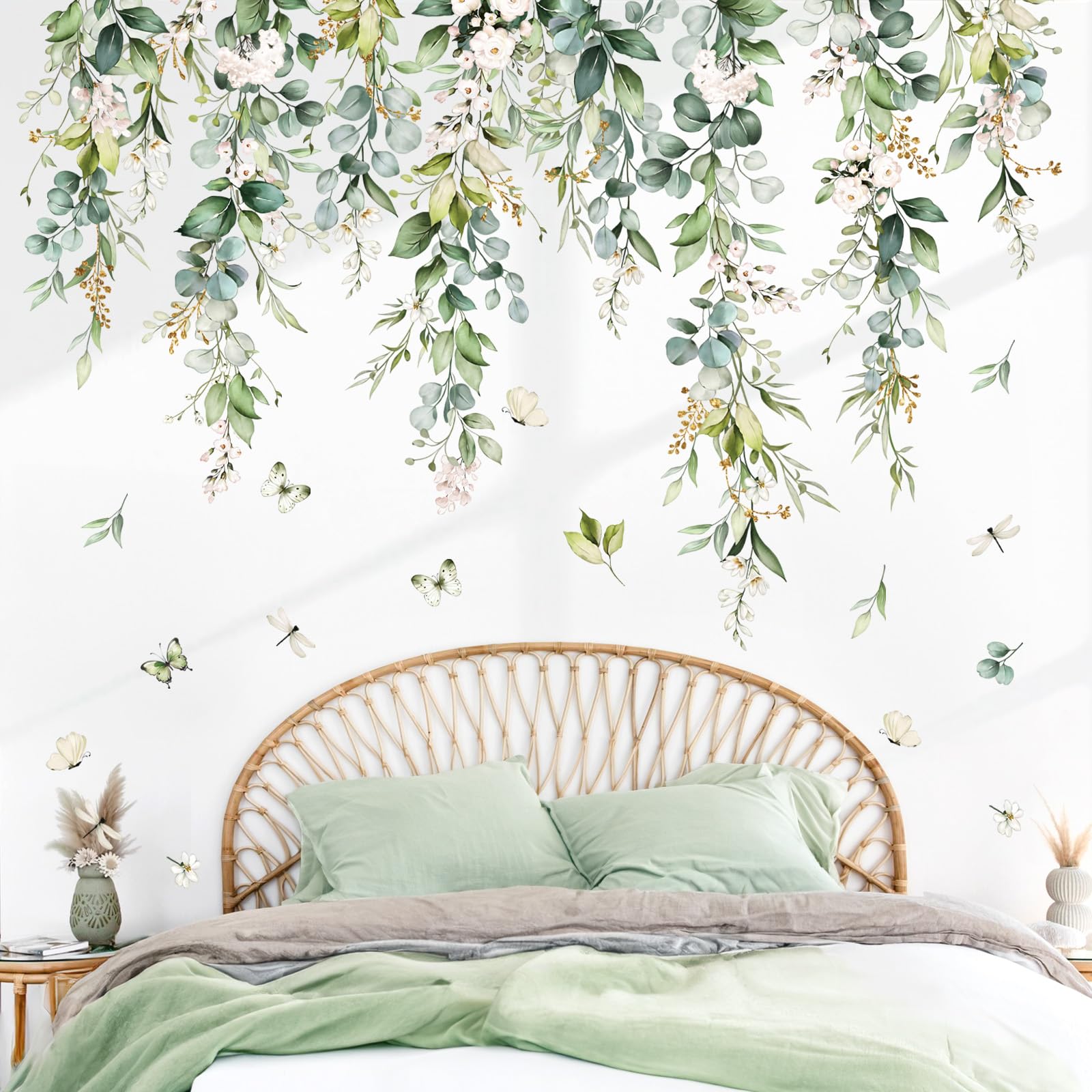 wondever Hanging Green Leaves Wall Decals Hanging Vines Plants Leaves Peel and Stick Wall Art Stickers for Bedroom Living Room TV Wall