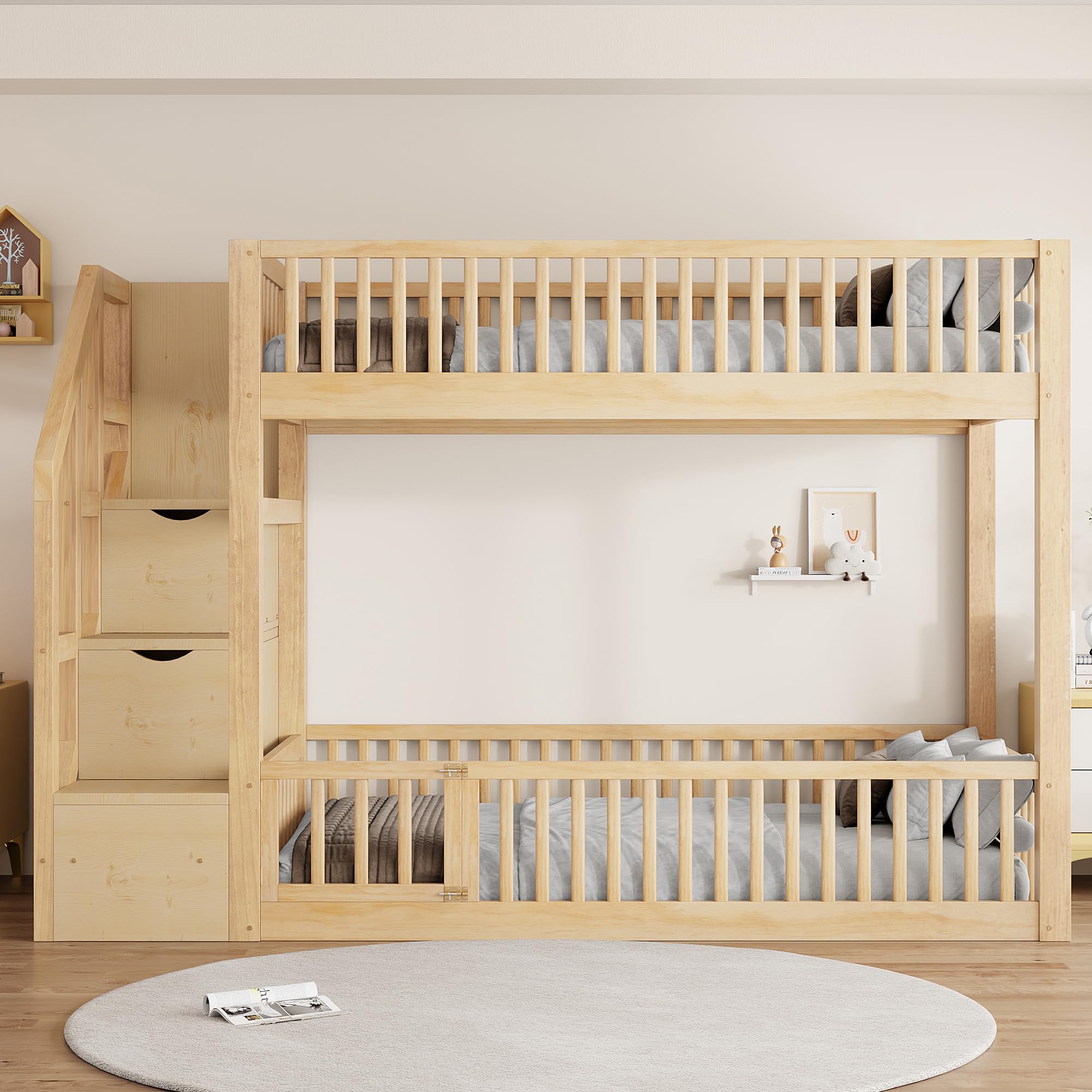 Photo 1 of ***Parts only***
***Missing box #3****

Merax Twin Over Twin Floor Bunk Bed with Storage Ladder and Guardrails, Wood Twin Bunk Bed for Kids Teens Adult, Natural