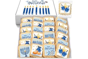 OMCOOKIE Happy Hanukkah Cookies Gift Basket Kosher bulk Party favors for Kids | Jewish Holiday Gourmet Corporate Food Gift INDIVIDUALLY WRAPPED | 24 Decorated Sugar Cookies Menorah Donuts Dreidels