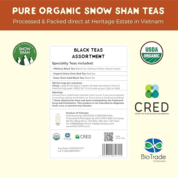 SACHS TEA 1773 HERITAGE BLACK TEAS ASSORTMENT, TEA SAMPLER – 03 PREMIUM ORGANIC FULL LEAF BLACK TEAS | SUGAR-FREE, NON-GMO | HIGH CAFFEINE, NON GMO, GLUTEN FREE | STRONG, MALTY & RICH | PURE UNBLENDED SINGLE ORIGIN BLACK LOOSE LEAF TEA – (PACK OF 30 LARGE SACHETS, 4.3OZ)
