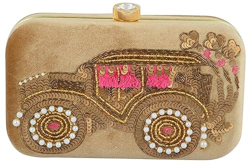 AIMIA HANDICRAFT Womens Velvet Fabric Materials with Clasp Closure Party Wear Beautiful Box Clutch Bag (Golden)