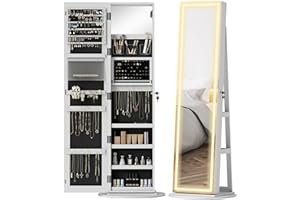 HOMCOM Jewelry Cabinet with Full Length Mirror, Standing LED Lighted Jewelry Armoire Organizer with 3 Light Modes and Lockabl