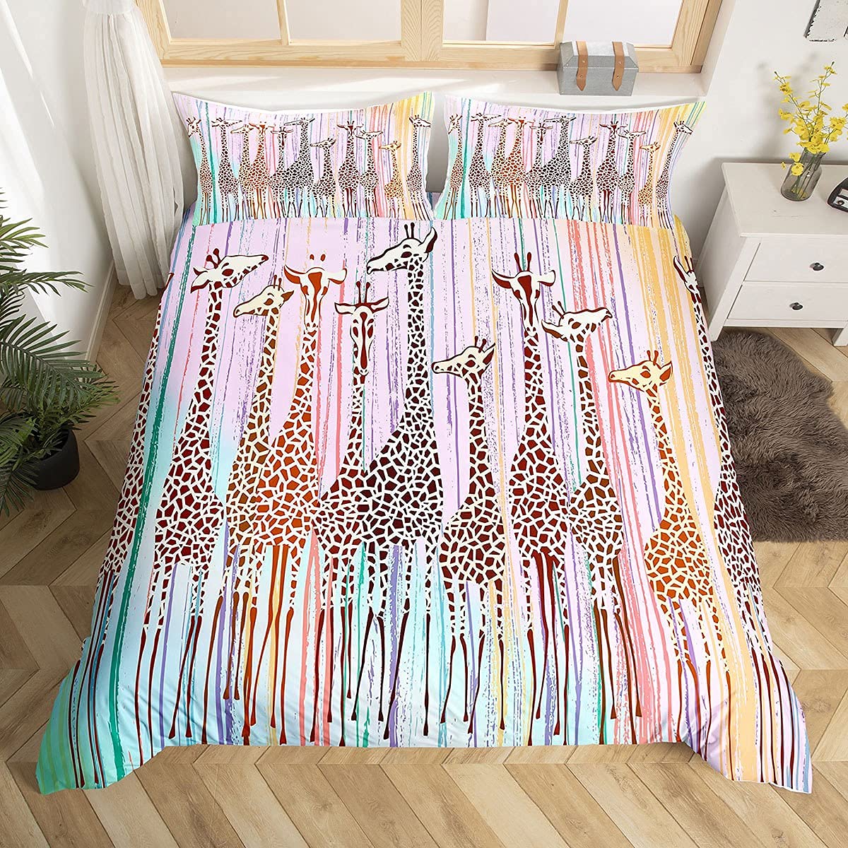 Loussiesd Giraffe Printed Bedding Set Single Giraffe Duvet Cover Set 3d Animal Theme Comforter Cover 2 Pieces Bedding Giraffe Pattern Decor Bedspread Cover For Kids Teens Boys Giraffe Quilt Cover