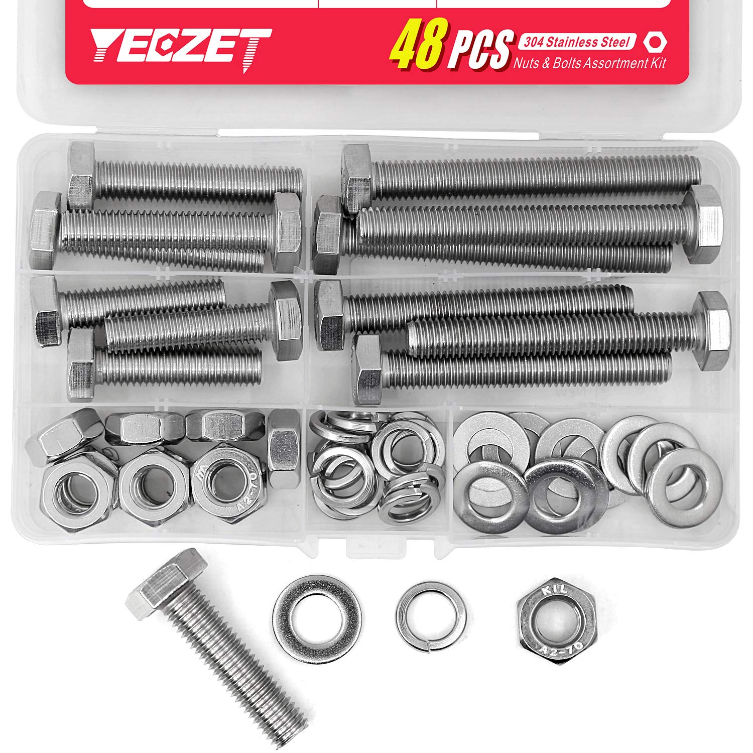 YEEZET M10 40 mm 50 mm 70 mm 80 mm 304 Stainless Steel Hex Bolts, Washers, Spring Washers & Nuts Assortment Kit, Pack of 12 — image 1