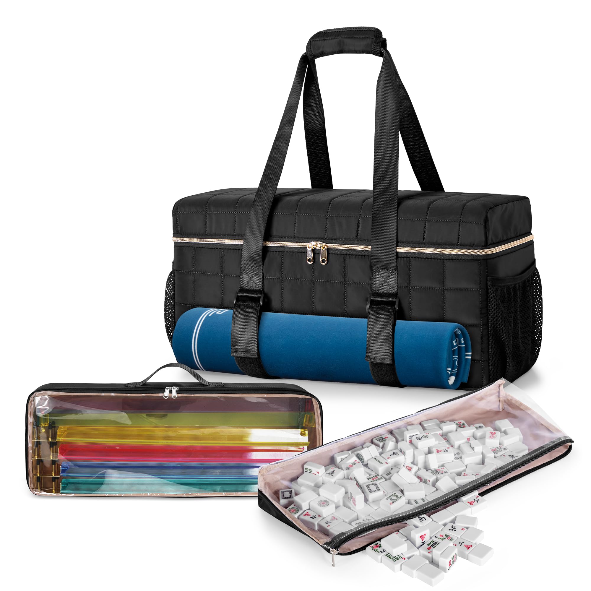 Teamoy 3 Pcs Mahjong Bag, Mahjong Set Organiser with Tiles and Racks & Pushers Pounch, Mahjong Tile Set Holde with Game Mat Magic Tape, Black（Bag ONLY）