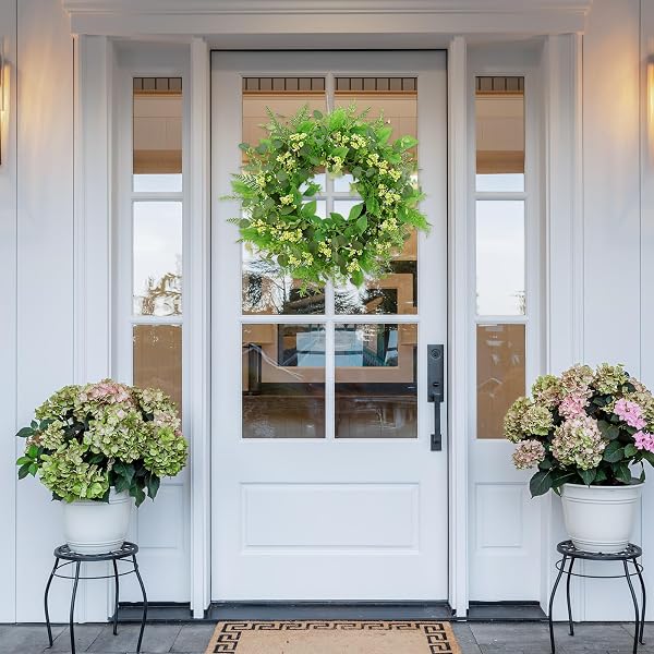 GREEN EUCALYPTUS WREATHS FOR FRONT DOOR,22 INCH ARTIFICIAL SPRING SUMMER WINTER WREATH WITH GREEN BERRIES,EUCALYPTUS LEAVES FOR INDOOR OUTDOOR WALL PORCH FESTIVAL FARMHOUSE HOME HOLIDAY DECOR.