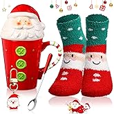 Sliner 4 Pcs Christmas Santa Claus Gifts Set Include Ceramic Christmas Coffee Mugs with Lid Red Spoon Mini Xmas Keychain Cute Winter Fuzzy Socks Thank You Birthday Christmas Gifts for Women Men