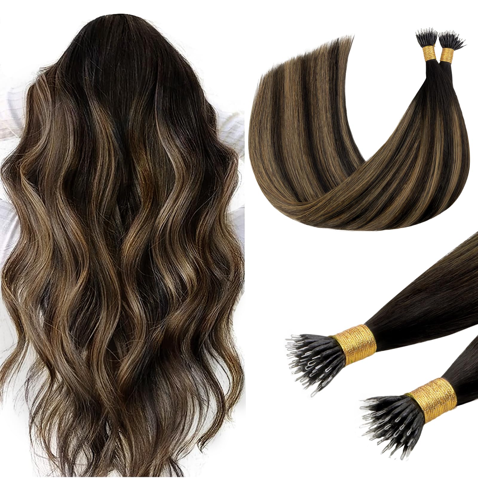 DOORES Nano Hair Extensions Real Human Hair, Natural Black Mixed Chestnut Brown 14 Inch 50g 100s, Cold Fusion Nano Beads Hair Extensions Lightweight — image 1