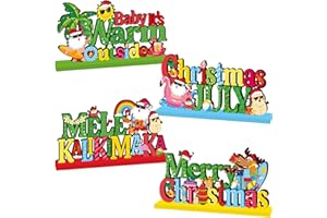 XHCYGWY 4Pcs Summer Christmas Decorations Wooden Table Centerpiece Baby It’s Warm Outside Table Decorations Hawaiian Merry Christmas Table Topper Photo Props for Holiday Xmas Tiered Tray Supplies