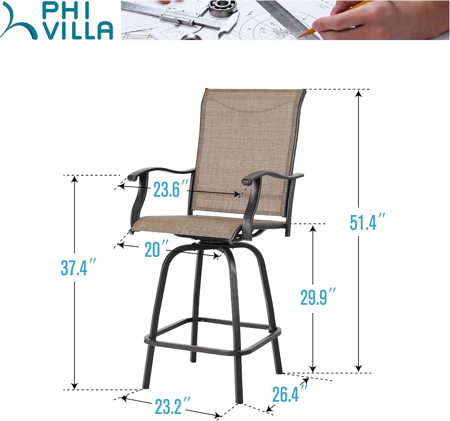 PHI VILLA Swivel Bar Stools All-Weather Patio Furniture, 2 Pack: Garden & Outdoor