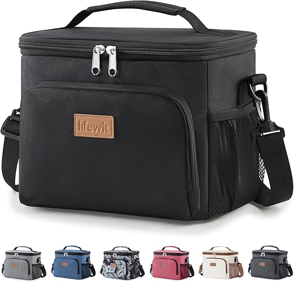 Lifewit Isolierte Kühltasche, Wiederverwendbare Lunchtasche, Tragbare Kühlbox auslaufsicher, Tragetasche mit verstellbarem Schulterriemen für Erwachsene für Arbeit/Picknick, Schwarz, 9L 12 Dosen
