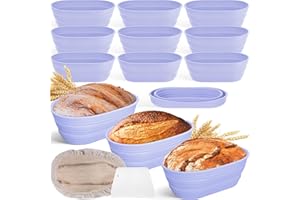 Nuogo 9 Pack Oval Bread Proofing Basket Silicone 10 Inch Collapsible Sourdough Bread Baking Supplies Dough Proofing Bowl with Dough Scraper and Basket Covers (Purple)