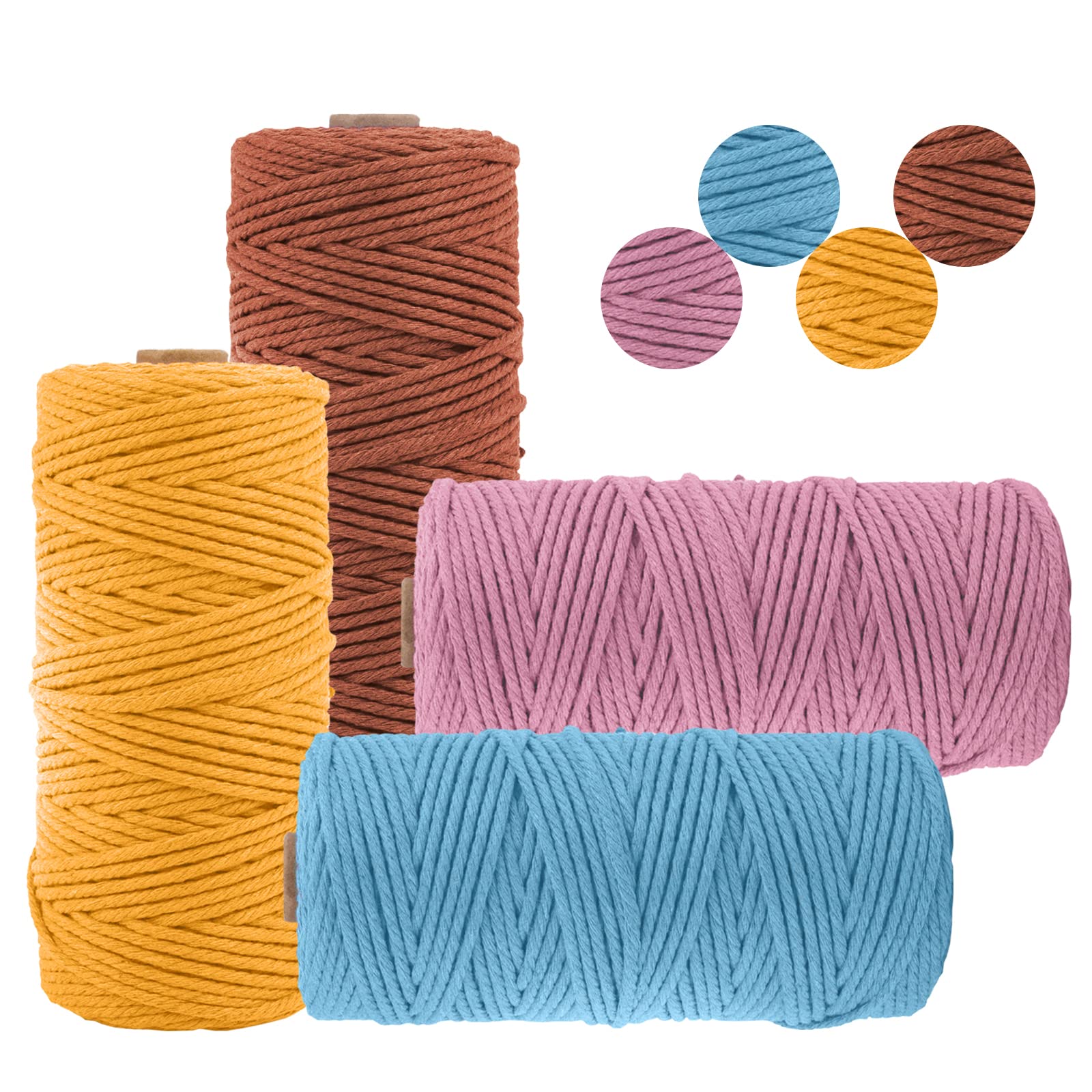 Uiopa Set of 4 Macrame Cord 3mm x 100m, Thick Natural Cotton Rope Coloured Craft String Soft Macrame Yarn Cotton String for DIY Plant Hanger, Wall Hanging, Gift Wrapping, Home Decoration (F)