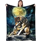 Wolf Blanket for Kids 50"x 60", Moon Forest Throw Blanket, Wolf Gifts for Women Men, Brown Yellow Soft Cozy Lightweight Flannel Throws Blankets for Couch Bed Sofa Chair Decor