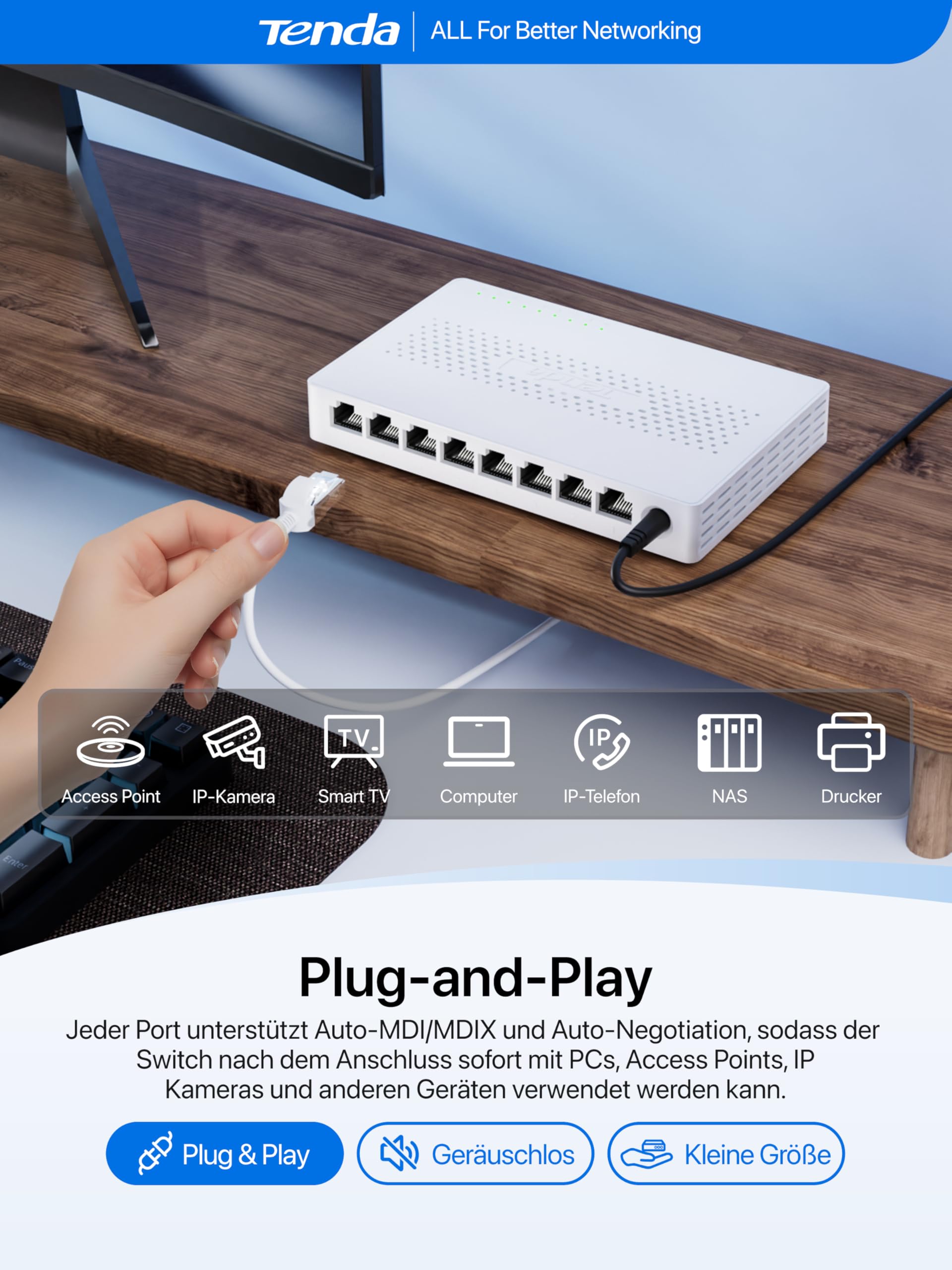 Tenda 2.5 Gbit LAN Switch 8-Port 2.5 Gigabit Netzwerk Switch (Plug-and-Play Ethernet Switch, Unmanaged, Lüfterlos, Wandmontage, Für 2,5G NAS, Server, WiFi6/7 AP, Gaming-PC) (SM108) 5