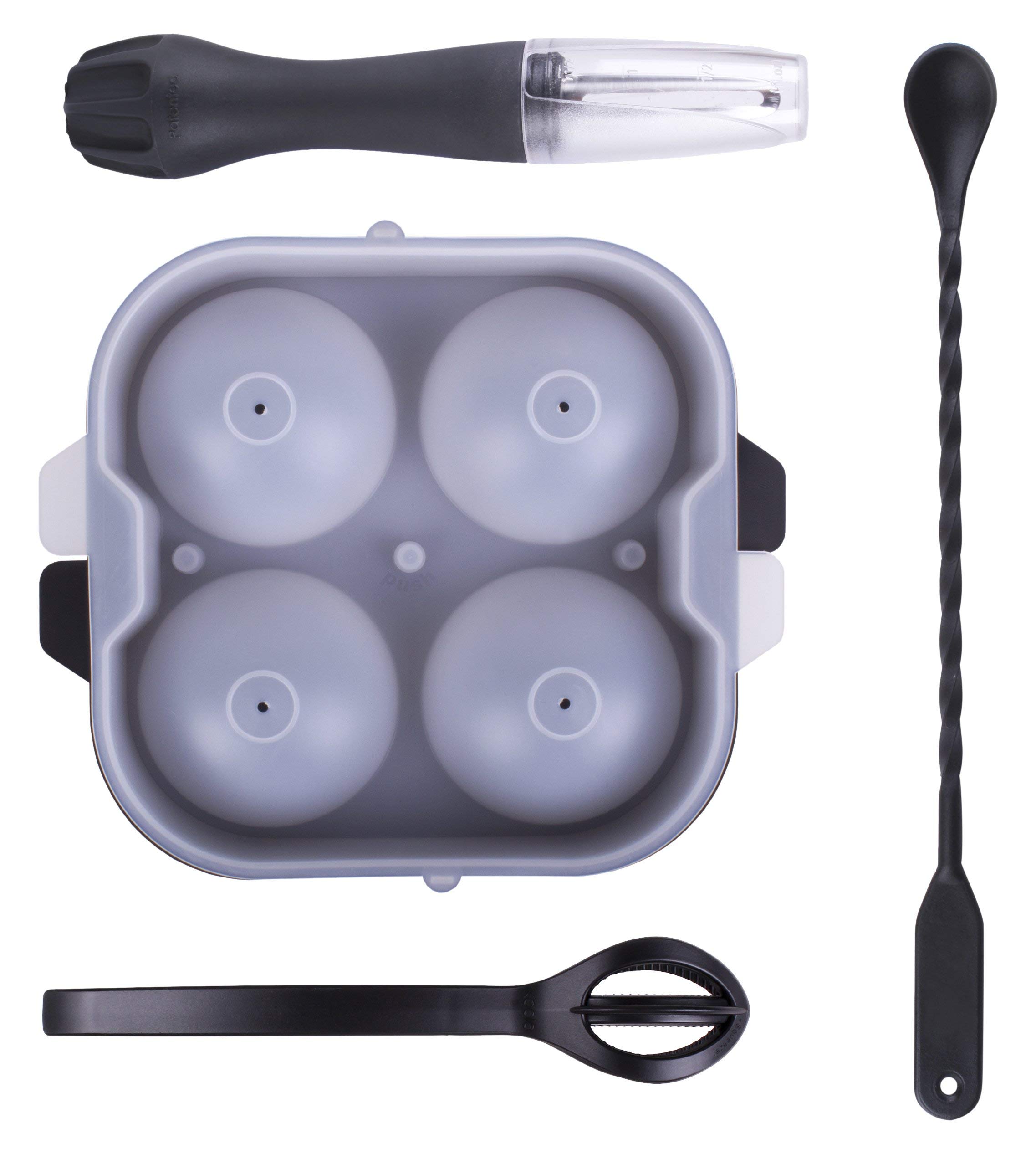 Koala Kit Cocktail - Black Color - 1 Ice Tray And 1 Muddler And 1 Spoon And 1 Ice Tong - 4 Pieces.