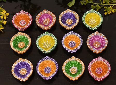 Collectible India Diwali Diya Colorful Handmade Earthen Clay Handpainted Diyas for Diwali Pooja Festival Decoration Lights for Diwali Home Indoor Outdoor Decor Gift Box Packing (Set of 12)