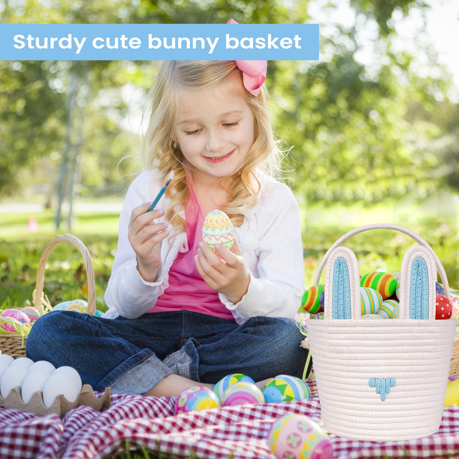 Easter Basket Empty Bunny Egg Baskets With Handle And Ears Easter Gifts Cute Woven Basket (blue)