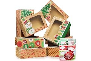 Party Funny 12 Christmas Cookie Boxes -Large Kraft Holiday Bakery Food Container for Gift Giving with 80 Count Christmas Foil Gift Stickers