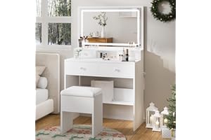Haewon Vanity Desk with Mirror and LED Lights, White Makeup Vanity with Storage Chair, Dressing Table Set with 4 Drawers, Charging Station and 3 Adjustable Light Colors for Bedroom