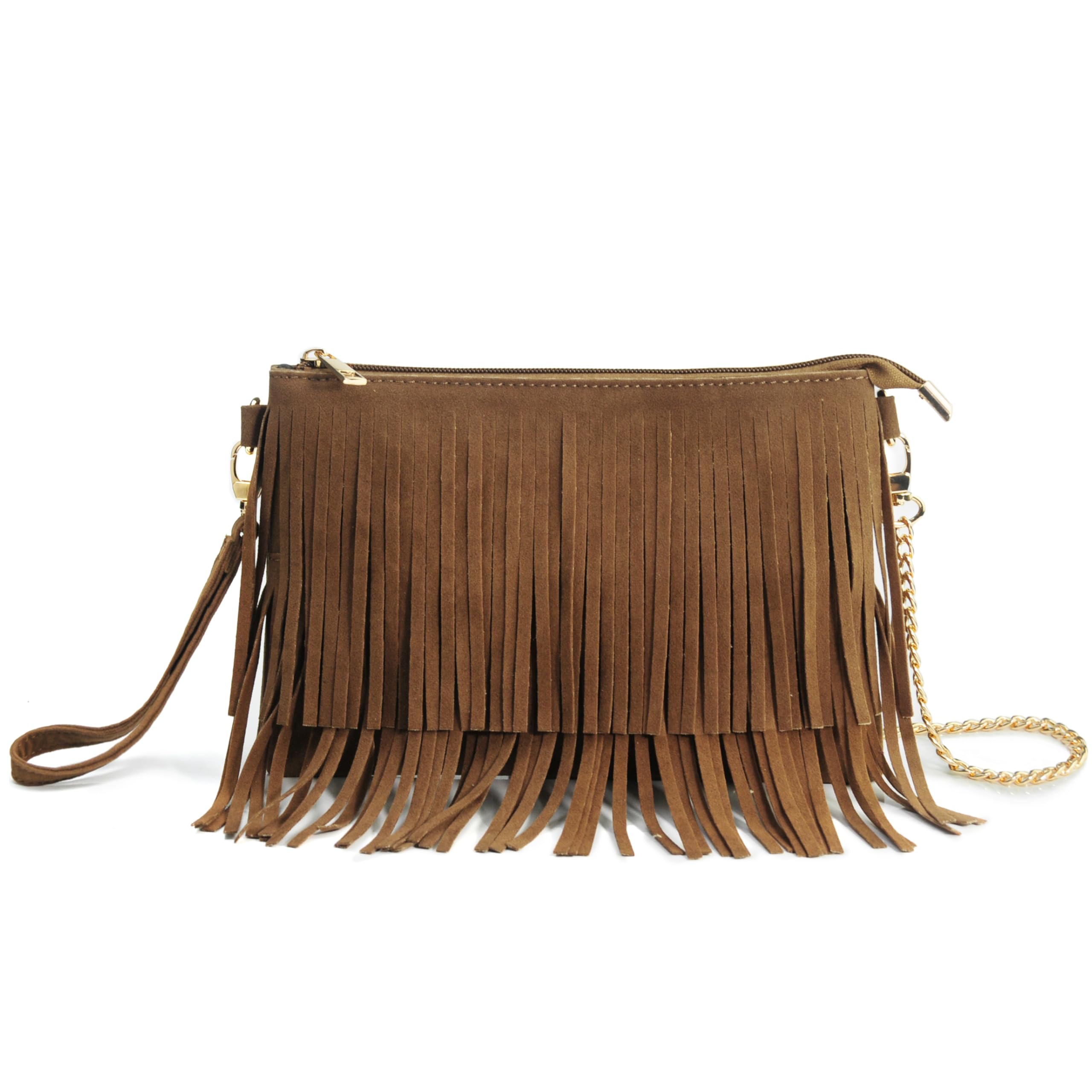 Hoxis Fringe Cross Body Bag Womens Small Shoulder Bag Top Zip Wristlet (Brown)